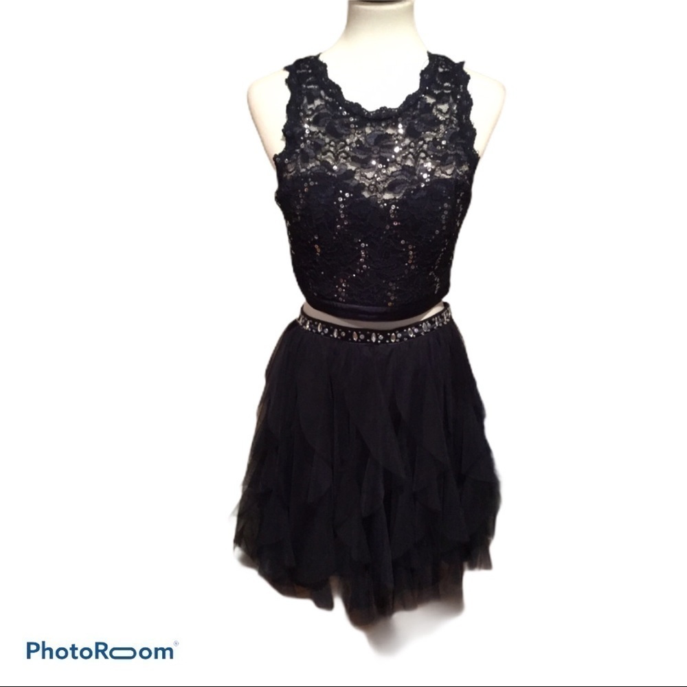 Sequin Hearts Navy 2-pc Lace Prom Dress